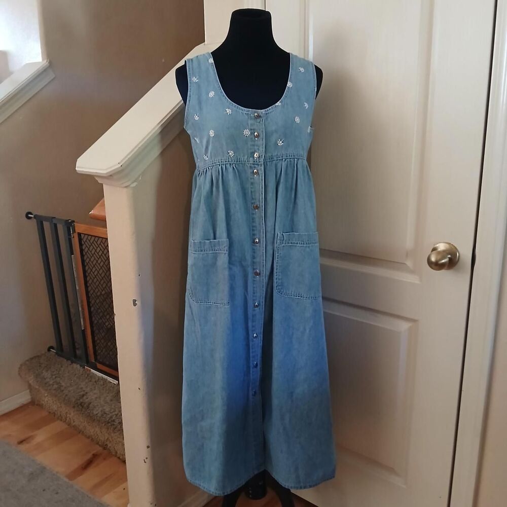 Vintage 90s Vision Denim Floral Embroidered Button Up Jumper Midi Dress S Fairy